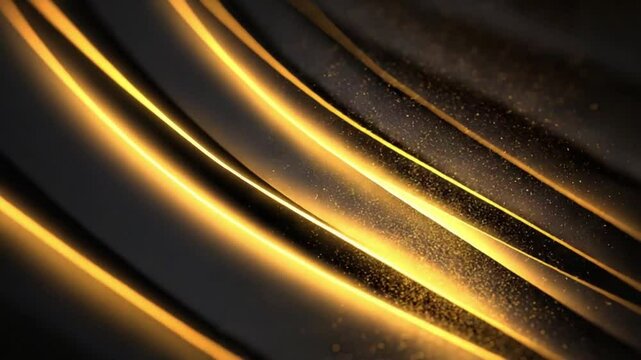 Dynamic golden waves undulate gracefully against a dark background, creating a captivating environment filled with sparkling particles that add depth and allure