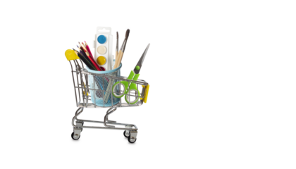 School and office stationery set in a shopping cart