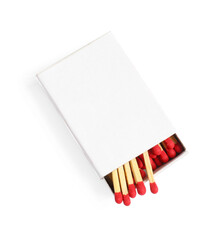 Matches in box isolated on white, top view. Mockup for design