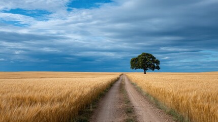 Fototapeta premium yellow field with wheat road and green tree