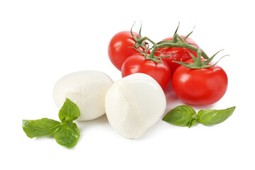 Tasty mozzarella cheese balls, tomatoes and basil on white background