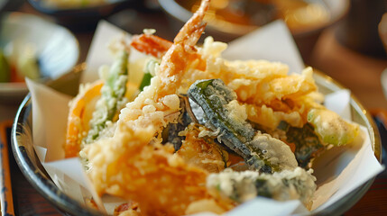 Japanese cuisine, vegetable tempura on a white plate. Freshly fried asparagus and green beans tempura vegetable tempura on a white plate Freshly fried asparagus and green beans, Generative AI