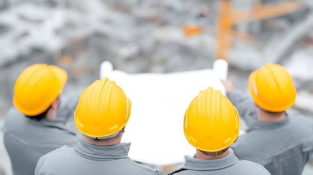 Construction workers reviewing blueprints at a building site