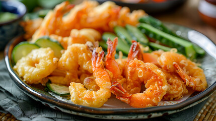 Japanese cuisine, vegetable tempura on a white plate. Freshly fried asparagus and green beans tempura vegetable tempura on a white plate Freshly fried asparagus and green beans, Generative AI