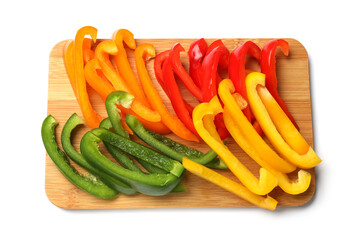 Cut colorful bell peppers isolated on white, top view
