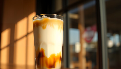 日差しの当たる窓辺で楽しむ、美しい層のアイスラテ