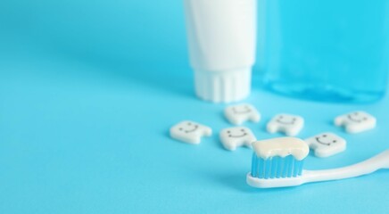 Different oral care products and teeth figures on light blue background, closeup. Space for text
