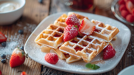 Fresh belgian waffles on rustic wooden table with coffee mugs in cozy kitchen setting Close-up of a crispy American waffle with honey, Generative AI