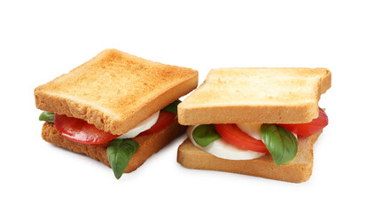 Tasty sandwiches with mozzarella cheese, tomatoes and basil on white background