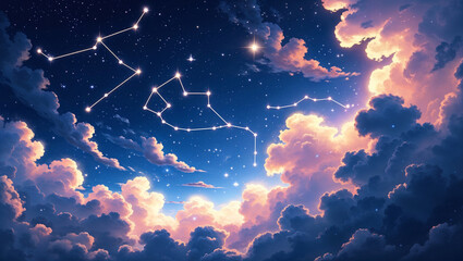 Stunning digital illustration of a night sky with constellations and beautiful clouds