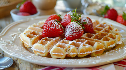 Fresh belgian waffles on rustic wooden table with coffee mugs in cozy kitchen setting Close-up of a crispy American waffle with honey, Generative AI