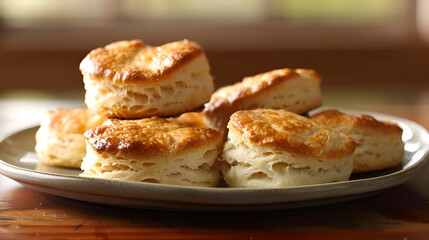 Golden brown buttermilk biscuits stacked against a crisp white backdrop scene Homemade scones and clotted cream, Generative AI