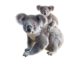 Koala with baby on its back isolated on a transparent background