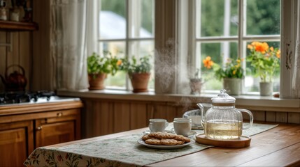 cozy kitchen with kettle and tea on wooden table, window visible