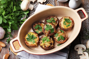 Delicious stuffed mushrooms in baking dish and products on color wooden table, flat lay