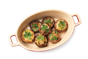 Delicious stuffed mushrooms with melted cheese and parsley in baking dish isolated on white, top...