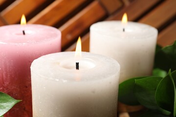 Burning candles and green leaves on table, closeup