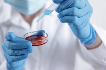 Scientist working with sample in Petri dish in laboratory, closeup
