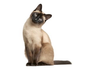 photograph of an elegant Siamese cat, sitting with its head tilted to the side and looking at the viewer in front isolated on a transparent background