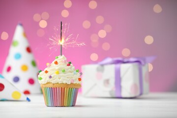 Burning sparkler in cupcake and party decor on table against pink background with blurred lights. Space for text