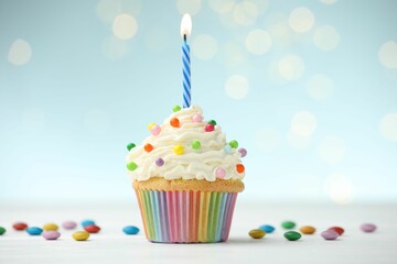 Burning candle in cupcake and candies on table against blue background with blurred lights