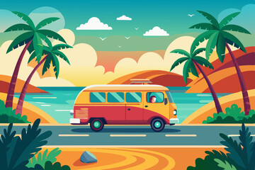 A vintage car is parked on a tropical beach at sunset, with palm trees silhouetted against the ocean and sky, evoking a sense of summer vacation and travel