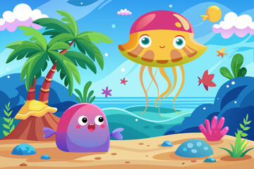 Colorful cartoon illustration of tropical fish in a vibrant blue ocean with a sunny beach and palm trees