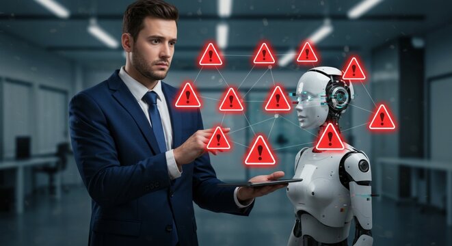 Futuristic concept of AI malfunction, businessman in suit presenting a digital tablet with red alert signs and a virtual robot assistant.
