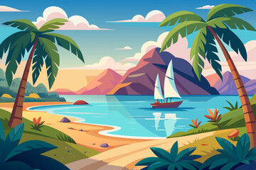 Obraz premium Tropical beach vector illustration with palm trees and an island paradise landscape
