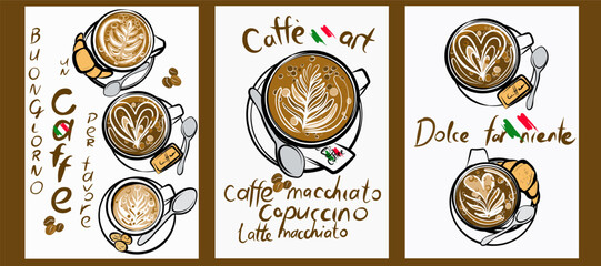 Coffee cups, spoon, milk foam, croissant, amaretini. Italian coffee. Pictures of milk foam, matcha. Hand drawn Vector illustration. Greeting cards