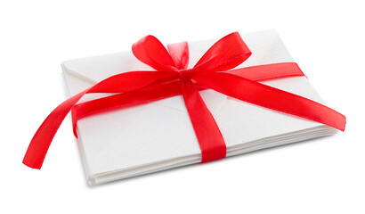 Stack of love letters with ribbon isolated on white