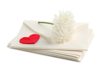Stack of love letters and flower isolated on white