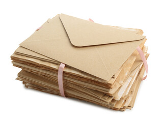 Stack of love letters in envelopes isolated on white
