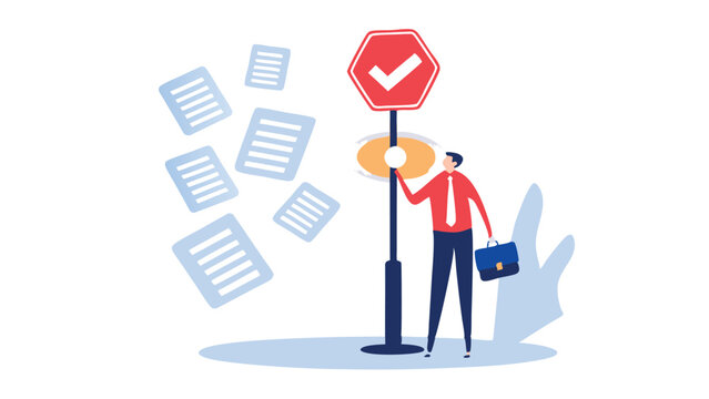 A person in a suit stands next to a sign with a check mark and documents floating around him in the air