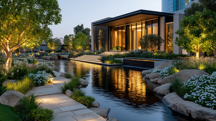 Obraz premium Luxury Villa Reflecting Pool: A serene and sophisticated modern villa at twilight, features a reflecting pool and beautifully landscaped gardens. The warm lighting creates a tranquil atmosphere.