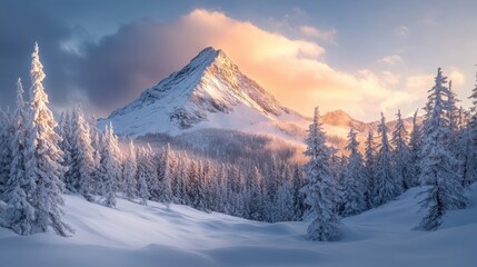 Obraz premium Majestic Winter Sunrise Snow-Covered Mountain Peak and Pine Trees