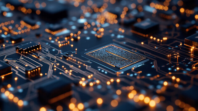 Technology's Inner Workings: A detailed, artistic glimpse into a circuit board. Illuminated pathways of technological prowess, suggesting digital advancement and complex processing.