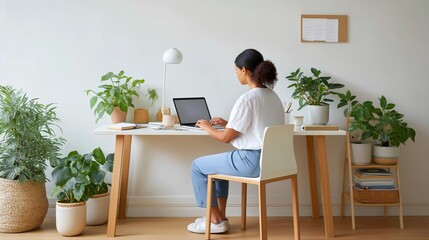 An individual works diligently at a carefully arranged desk, surrounded by various indoor plants, in a bright and inviting home office during daylight hours