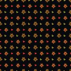 Colorful Pattern with Hearts and Flowers on Black Background