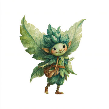 A single watercolor mischievous forest pixie with leaf wings