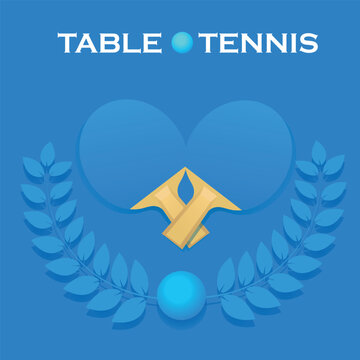 Stol dlya ping ponga sinego tsveta, dve raketki, myachik, lavrovyy venok. Poster turnir nastol'nogo tennisa, sorevnovaniya professionalov, sportivnyoye khobbi, klub Moy opyt v sozdanii detskikh risunk