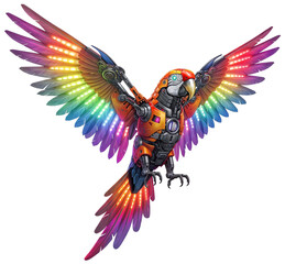 Fototapeta premium Vibrant Robotic Rainbow Parrot with Colorful LED Wings and Mechanical Body