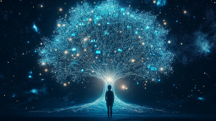 Digital Tree of Knowledge: A person gazes up at a digital tree, its branches interwoven with data, representing knowledge and connectivity in a futuristic setting.