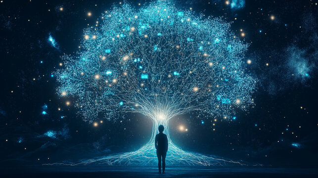 Digital Tree of Knowledge: A person gazes up at a digital tree, its branches interwoven with data, representing knowledge and connectivity in a futuristic setting.