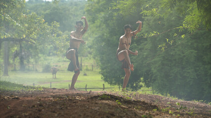 A farmer and a rice worship ritual with a group of traditional dancers