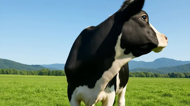 Close-up, low-angle shot of a cow in a green field with mountains in the background, ideal for a nature or farm-themed video. Live desktop wallpaper.