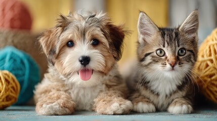 Adorable puppy and kitten with colorful yarn, perfect for pet products, children's content, or cozy lifestyle promotions.