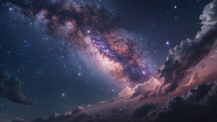 Stunning night sky view featuring the milky way galaxy and dreamy cloud formations