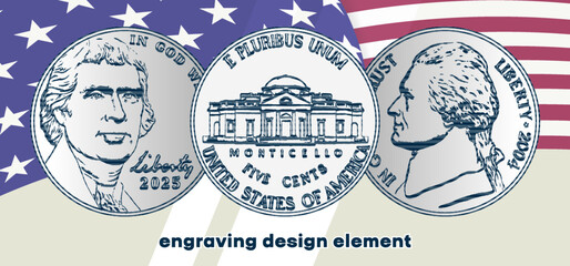 Vector engraving, collection design elements. Set US 5 cents. Obverse and reverse of change coin of United States of America. American money. Five. Sample. Numismatics