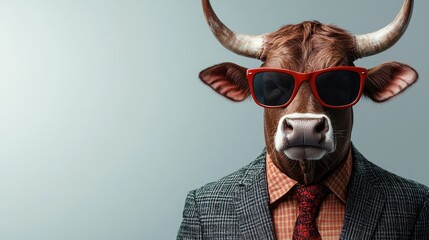 A humorous bull in a suit and sunglasses, blending style with nature.